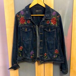 Distressed Embroidered Denim Jacket, Floral, Roses, Large, BlankNYC